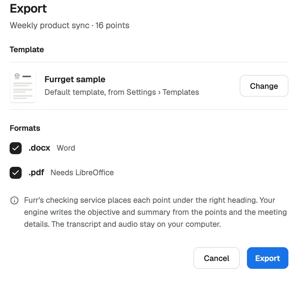 The Export sheet