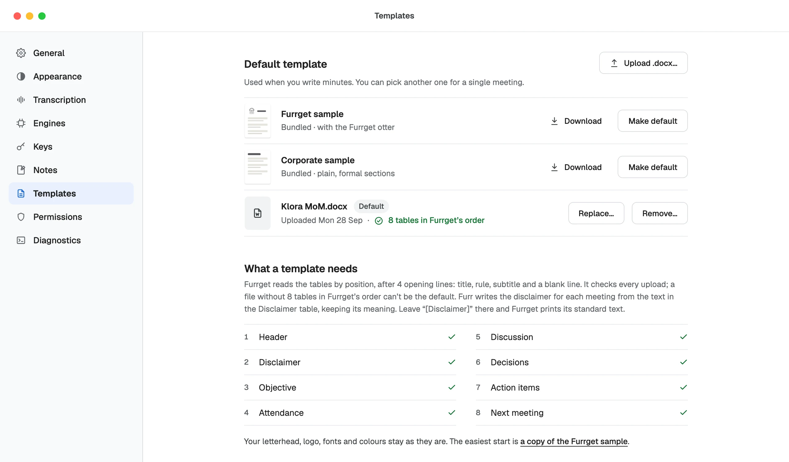 Templates settings